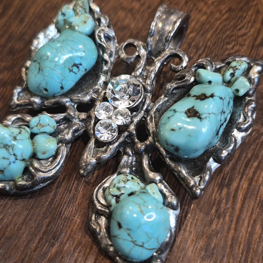 Vtg Turquoise & Rhinestone Embellished Silver Tone Butterfly Necklace Pendant - Picture 3 of 9